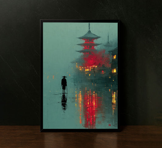 Serene Samurai In Misty Night Scene Canvas Wall Art