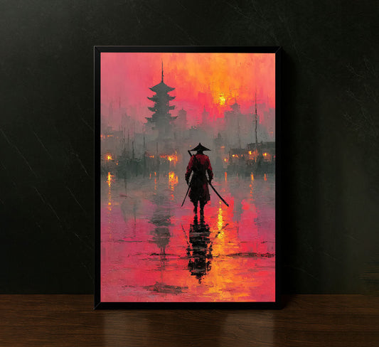 Samurai Sunset Reflection Canvas Wall Art