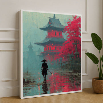 Samurai Silhouette Against Red Temple Canvas Wall Art