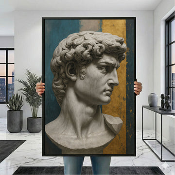 Dramatic David Bust With Teal And Gold Background Canvas Wall Art