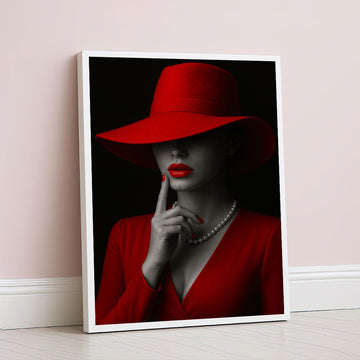 Elegant Woman In Red Hat And Pearls Canvas Wall Art