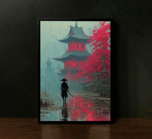 Samurai Silhouette Against Red Temple Canvas Wall Art