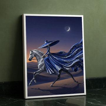 Enchanting Woman In Flowing Blue Gown On Horse Canvas Wall Art