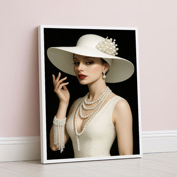 Elegant Woman In White Hat And Pearls Canvas Wall Art