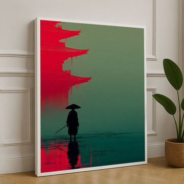 Samurai Silhouette With Pagoda Reflection Canvas Wall Art
