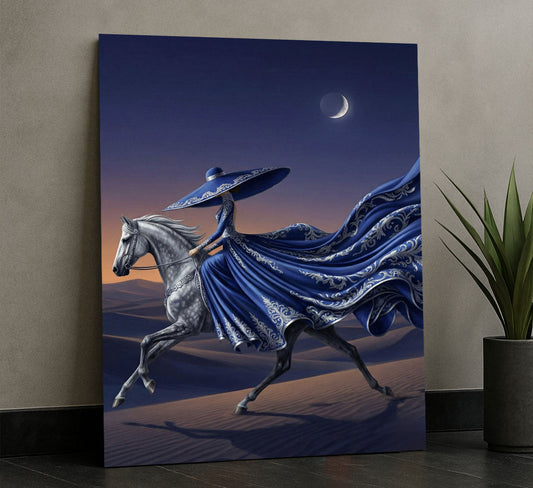 Enchanting Woman In Flowing Blue Gown On Horse Canvas Wall Art