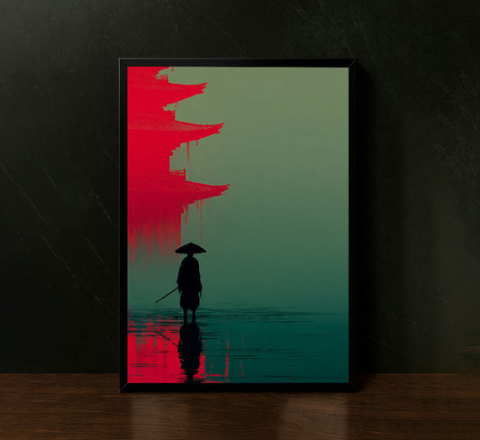 Samurai Silhouette With Pagoda Reflection Canvas Wall Art