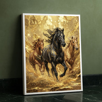 Majestic Black And Gold Horses Running Canvas Wall Art