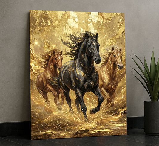 Majestic Black And Gold Horses Running Canvas Wall Art