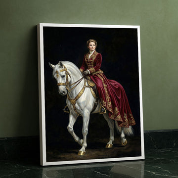 Majestic Woman In Regal Red Dress On White Horse Canvas Wall Art