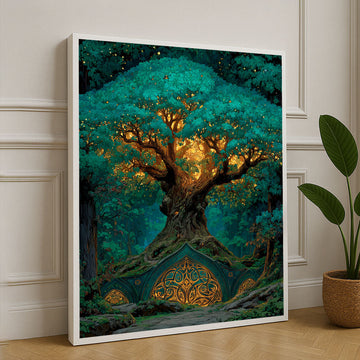 Enchanted Forest Tree With Golden Glow Canvas Wall Art