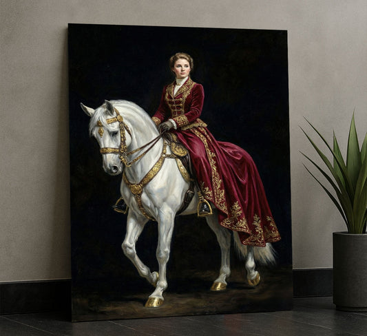 Majestic Woman In Regal Red Dress On White Horse Canvas Wall Art