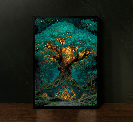 Enchanted Forest Tree With Golden Glow Canvas Wall Art