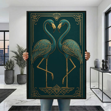 Elegant Gold And Teal Flamingos Canvas Wall Art