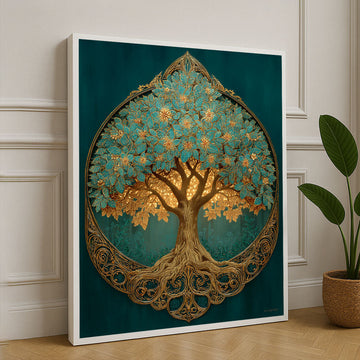 Ornate Tree Of Life In Teal And Gold Canvas Wall Art