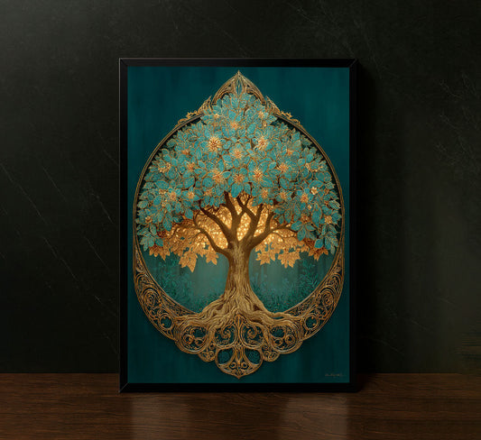 Ornate Tree Of Life In Teal And Gold Canvas Wall Art