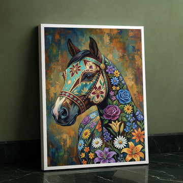 Vibrant Floral Adorned Horse Portrait Canvas Wall Art