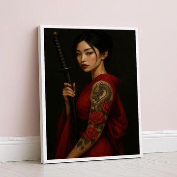 Enchanting Samurai Woman With Dragon Tattoo Canvas Wall Art