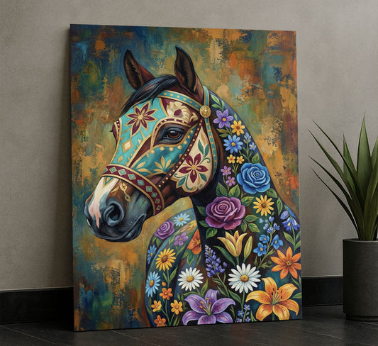 Vibrant Floral Adorned Horse Portrait Canvas Wall Art