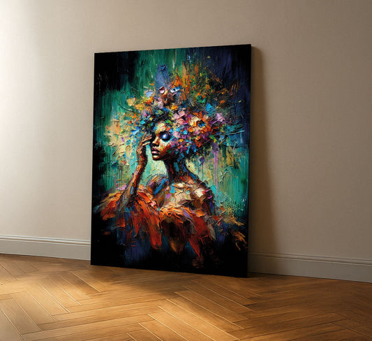 Vibrant Floral-crowned Woman In Abstract Colors Canvas Wall Art