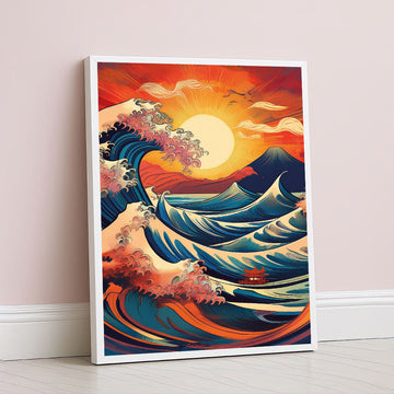 Dramatic Ocean Waves And Fiery Sunset Canvas Wall Art