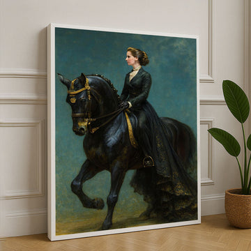 Elegant Equestrian Lady On Black Horse Canvas Wall Art