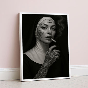 Mystical Tattooed Nun Smoking In Black And White Canvas Wall Art
