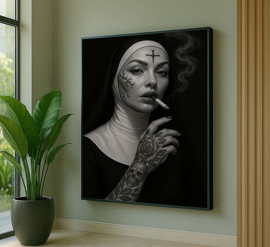 Mystical Tattooed Nun Smoking In Black And White Canvas Wall Art