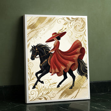 Elegant Woman In Red Dress Riding Horse Canvas Wall Art
