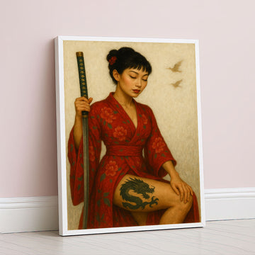Captivating Samurai Woman With Dragon Tattoo Canvas Wall Art