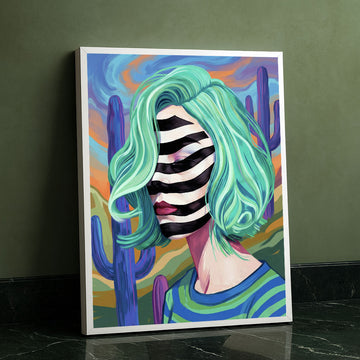 Captivating Green-haired Woman With Striped Face Canvas Wall Art