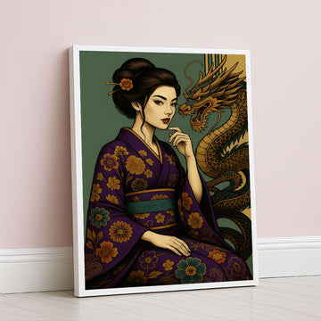 Mystical Woman In Floral Kimono With Dragon Canvas Wall Art
