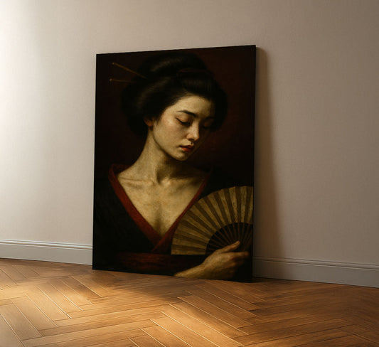 Elegant Geisha With Fan Portrait Canvas Wall Art
