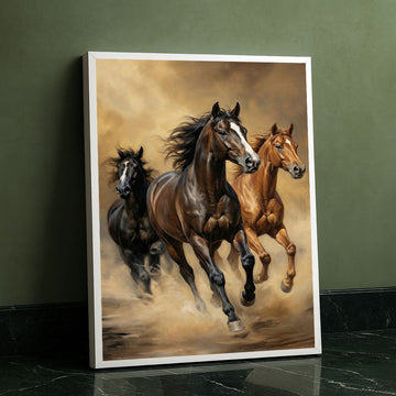 Majestic Galloping Horses In Dusty Landscape Canvas Wall Art