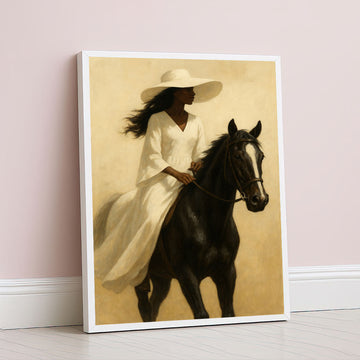 Graceful Woman In Flowing White Dress On Horse Canvas Wall Art