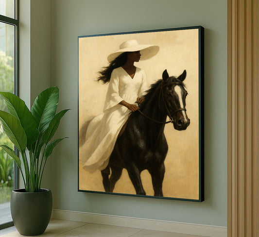 Graceful Woman In Flowing White Dress On Horse Canvas Wall Art
