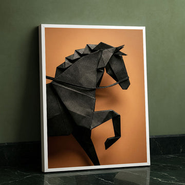 Dynamic Origami Black Horse On Orange Canvas Wall Art