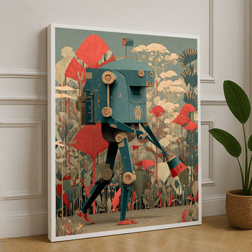 Whimsical Robot Strolling Through Floral Canvas Wall Art