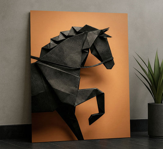 Dynamic Origami Black Horse On Orange Canvas Wall Art