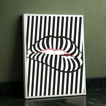 Striking Black And White Striped Lips Canvas Wall Art