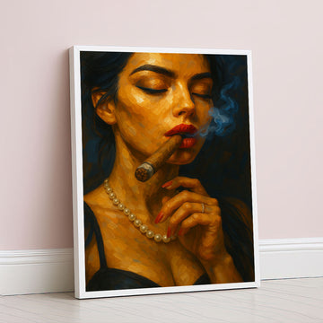 Captivating Woman With Cigar And Pearls Canvas Wall Art