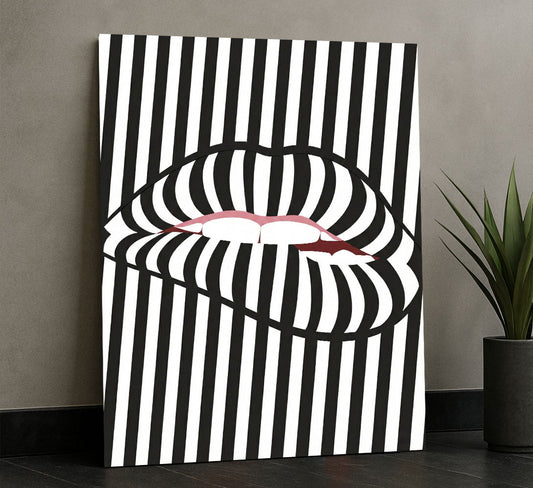 Striking Black And White Striped Lips Canvas Wall Art
