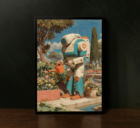 Futuristic Robot Gardening Scene Canvas Wall Art