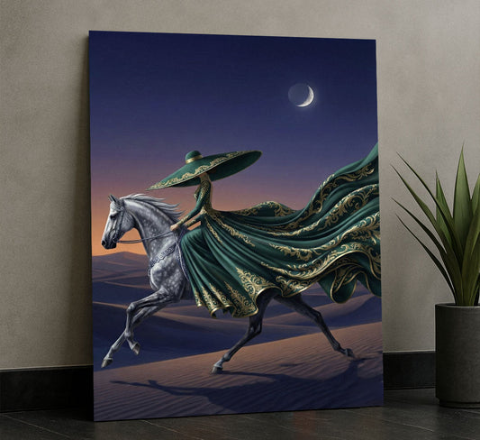 Majestic Woman In Flowing Green Gown On Horse Canvas Wall Art