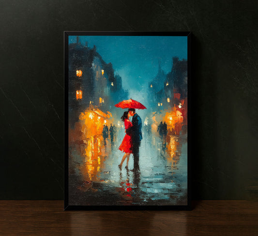 Romantic Rainy Cityscape With Couple Canvas Wall Art
