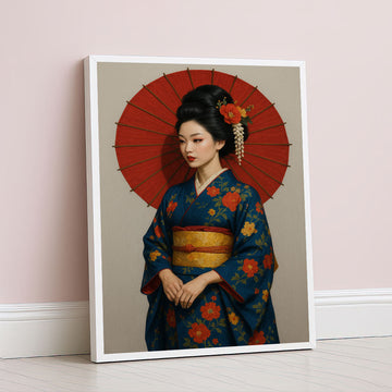 Elegant Geisha In Blue Kimono With Red Umbrella Canvas Wall Art