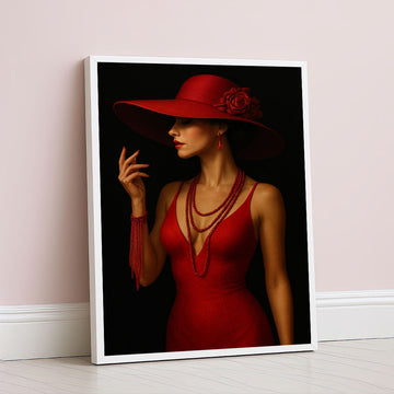 Elegant Woman In Red Dress And Hat Canvas Wall Art