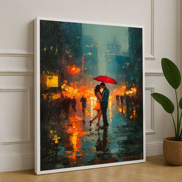 Romantic Rainy Cityscape With Lovers Canvas Wall Art