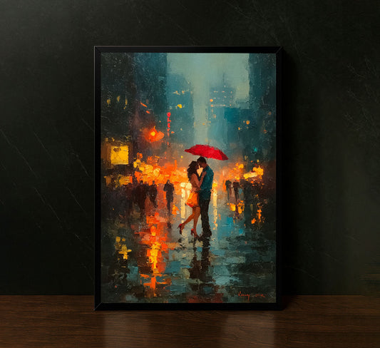 Romantic Rainy Cityscape With Lovers Canvas Wall Art