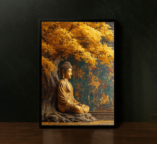 Golden Buddha Under Autumn Tree Canvas Wall Art Masterpiece